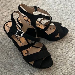 Black suede ankle strap wedge